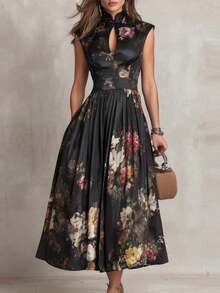 ¡RENUEVA TU ARMARIO YA!Vestido Largo Negro para Mujer, Sin Mangas, Estampado Digital de Flores, con Flores 3D, Ajustado, Estilo Elegante y Sexy, Más Vendido, Perfecto para Fiestas, Cenas, - Negro - Ver 10