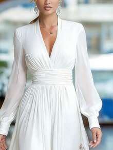 Elegant Long Dress With A Combination Of French-Style Printed Tulle - White - View 2