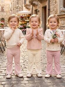 3pcs/Set Baby Girl Simple Ribbed Fabric Solid Pink & Apricot Colorblock Striped Versatile Flare Leggings Long Pants Fashionable Spring/Autumn Outdoor Casual Vacation Wear - Multicolor - View 1