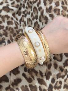 3pcs Bohemian Gradient Resin Multilayer Shell & Faux Pearl Bracelet/Bangle Set, Suitable For Women To Wear In Daily, Vacation, Casual Gathering, Party, Jewelry Gifts, Color Random - Multicolor - View 5