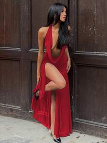 Halter Dress With Deep V-Neck And Matching Tulle, With A Slit, Elegant For Parties And Casual For Spring - Red - View 4