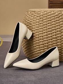 MonaNise Women's Fashion Green Pointed Toe Low Vamp Navy Blue Stone Pattern Apricot Heel Pumps Vacation Travel Shopping Outdoor Red Yellow Retro Casual Versatile Premium Black Shoes - Apricot - View 6