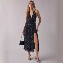 Paisley Print Halter Neck Ruched Midi Dress With Side Slit, Deep V Neck, Bodycon Fit, Boho Chic Style, Resort Wear, Vacation Outfit, , Fashion - Black - View 4