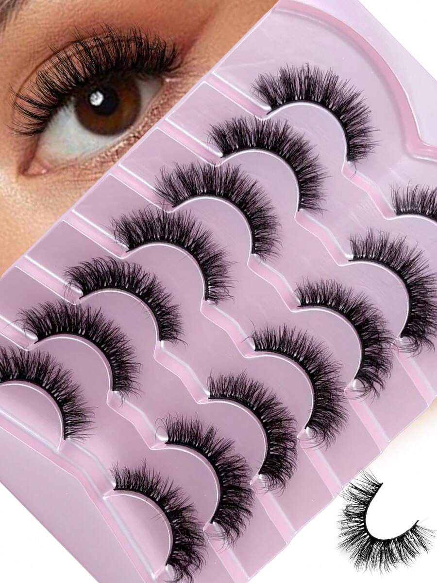 HINARIN 7 Pairs False Eyelashes Cat Eye Look Natural Volume Lashes Wispy Short Fake Eyelashes Faux Mink Lashes For Travel Party Makeup Reusable
