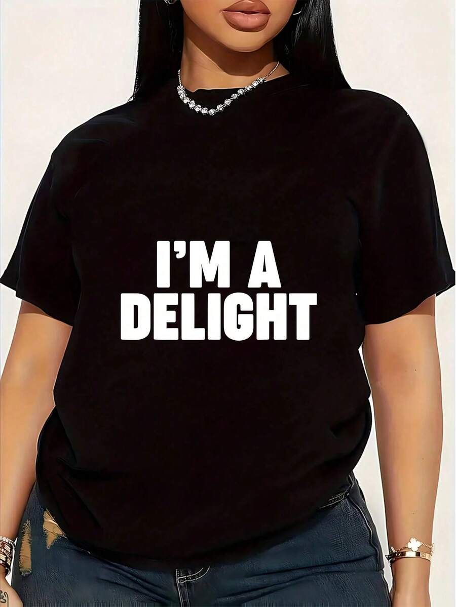 Camiseta de Mujer Talla Grande "I Am Very Happy", 1 Pieza, Divertida, con Estampado Gráfico, Manga Corta, 100% Algodón, Cuello Redondo, Estilo Casual, 220g - Negro - Ver 1
