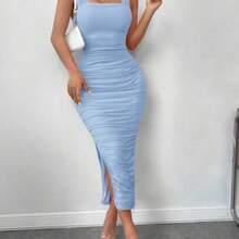 Vestido De Tirantes Para Mujeres De Ajuste Delgado, Color Sólido, Dobladillo Dividido Con Pliegues - Celeste - Ver 1