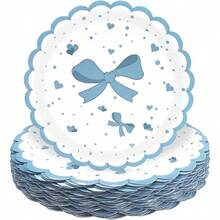 50 platos de papel de lazo azul claro de pulgadas, platos festoneados azules desechables para boda, shower, cumpleaos, plato de postre - platos de papel de lazo azul claro - Ver 1