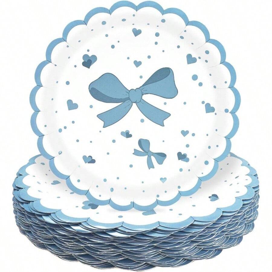 50 platos de papel de lazo azul claro de pulgadas, platos festoneados azules desechables para boda, shower, cumpleaos, plato de postre - platos de papel de lazo azul claro - Ver 1