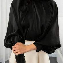 Blusa elegante y modesta de unicolor con cuello alto y mangas farol, para primavera/otoño - Negro01 - Ver 2