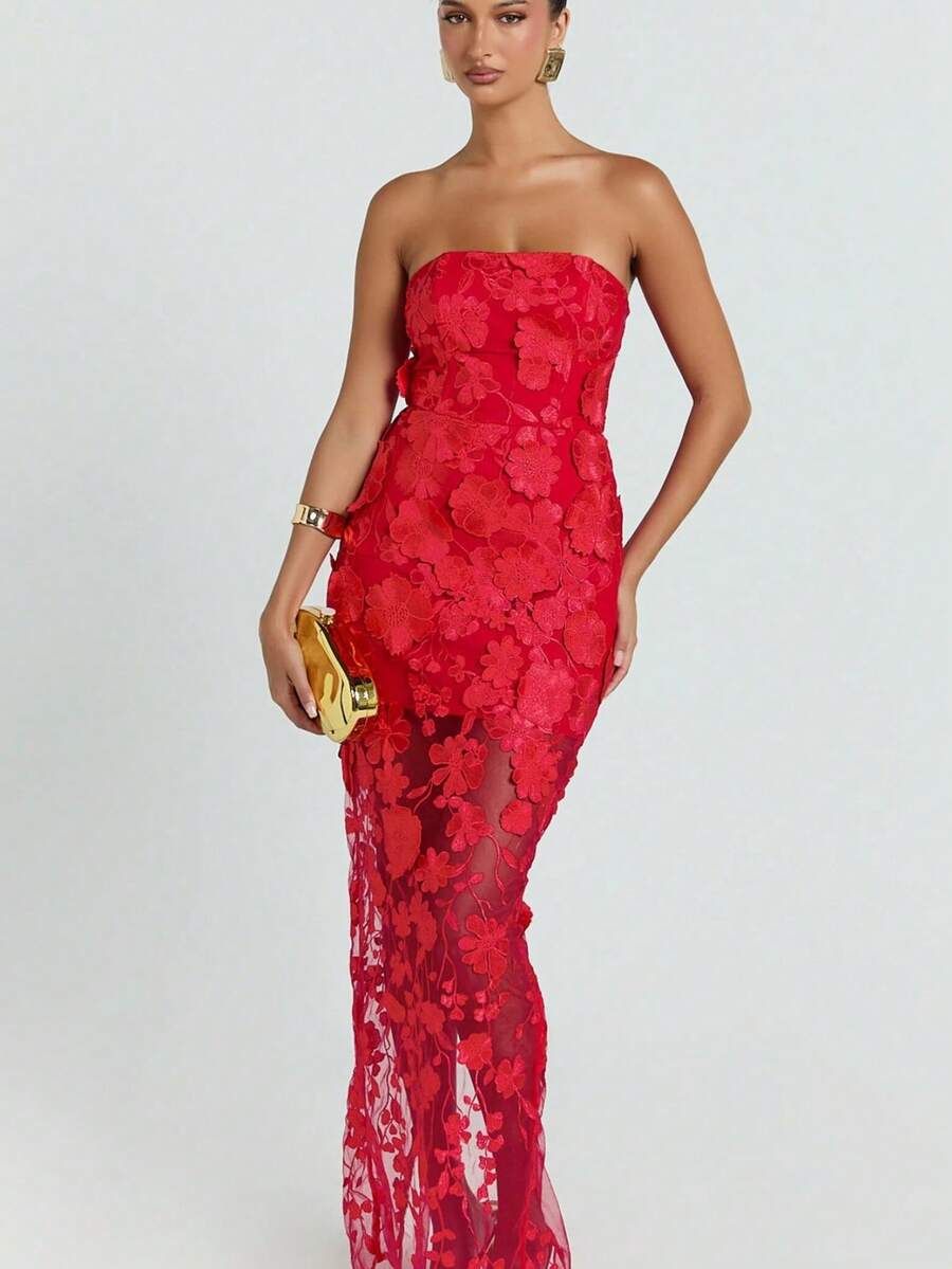 Vestido mujer sin tirantes con flores tridimensionales estilo francés lujo ligero elegante ideal fiesta dama verano moda casual nueva colección - Rojo - Ver 1