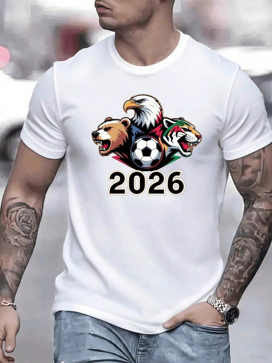 Tres fieras representan fuerza unidad y pasión con un águila que simboliza libertad un oso que refleja poder y un tigre que muestra coraje todos enfocados en un balón central con el año 2026 - Negro - Ver 1