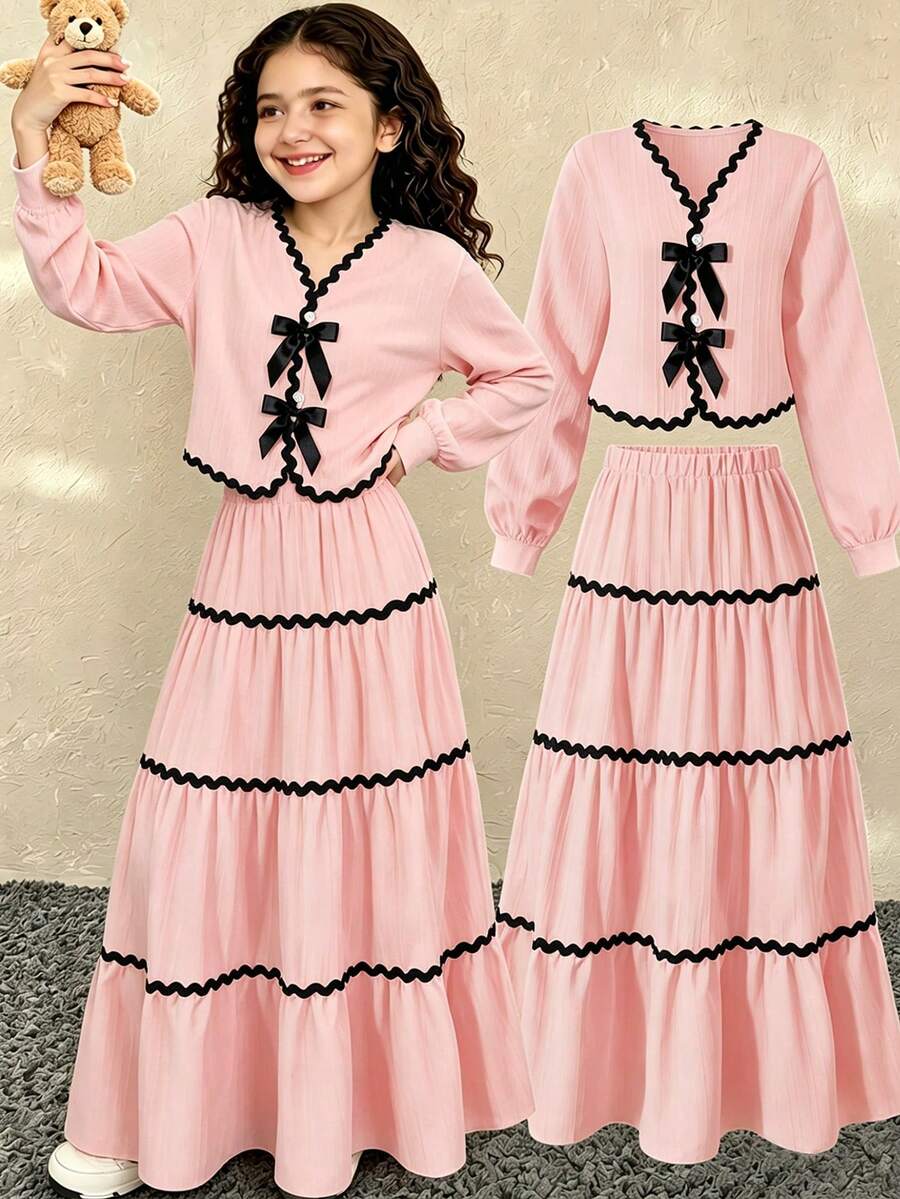 Elegant Sweet Girls' Mid-Length Dress Set, Including Long Sleeve Top With Ruffle Bow, Paired With Multi-Layered Mid-Length Skirt. This Fashionable Casual Outfit Is Suitable For School, Gatherings, Vacation And Travel In Spring And Autumn. - Pink - View 1