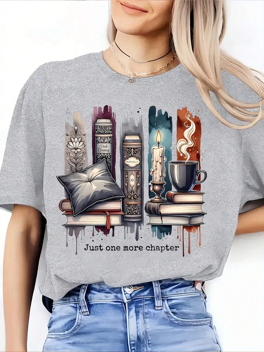 Plus Size T-Shirt For Women - One Chapter - Bookstore Design With Open Books, Soft Gray, Comfortable And Breathable Literary Style, Gift For Book Lovers, Ro - White - View 1