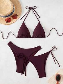 Basics 3 Pieces/Set Solid Color Women's Bikini Set For The Beach In Summer Strand Outfit Damen Strandkleid Bikini Set Damen Bikini Set Badeanzug - 波爾多2 - 查看 1