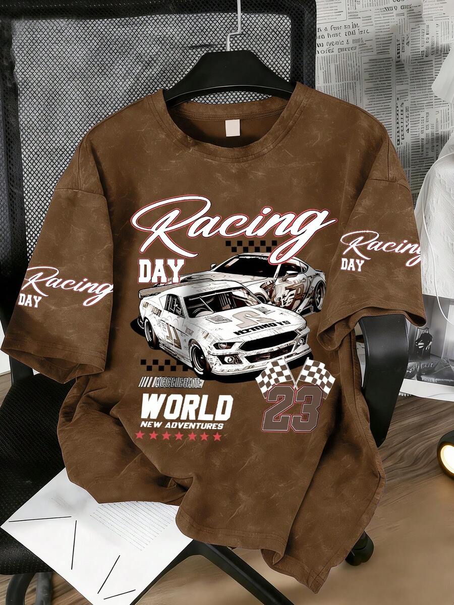 1pc Boys' Fashionable & Comfortable Summer T-Shirt With Fun English Letters And Cool Cartoon Car Print - Brown - View 1