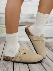 Sandal Wanita Datar Hitam yang Modis & Nyaman, Gesper yang Dapat Diatur, Desain Slip-On, Cocok untuk Pakaian Kasual Sepanjang Musim di Dalam & Luar Ruangan - Aprikot - View 4