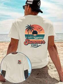Una camiseta casual para hombre con un diseño creativo, que presenta un estampado de cocoteros y atardecer en ambos lados, estilo vacaciones tropicales, ambiente relajado de verano, camiseta - Negro - Ver 8