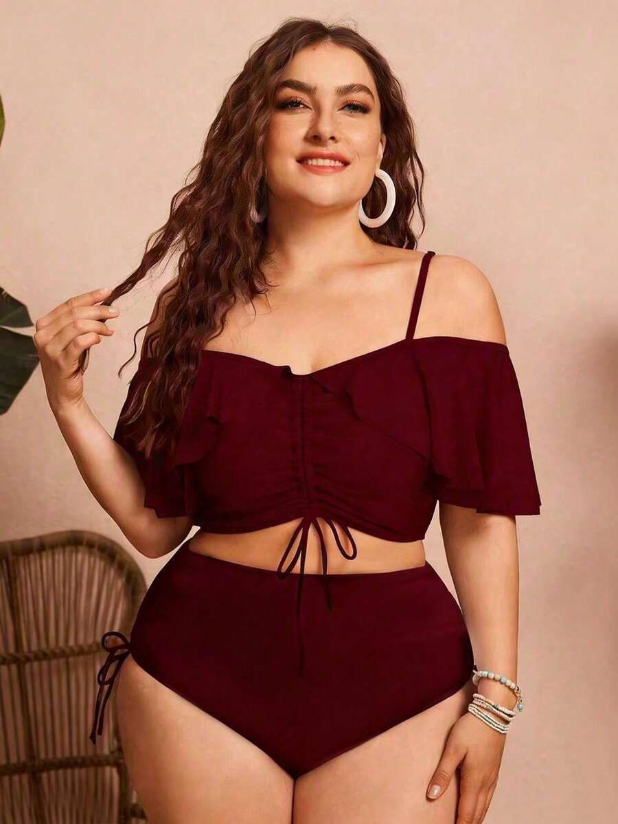 Swim Chiccia Women's Solid Color Spaghetti Strap Off-Shoulder 2-Piece Bikini Set With Ruffles And Drawstring - Elegant And Stylish For Vacation - 波爾多2 - 查看 1