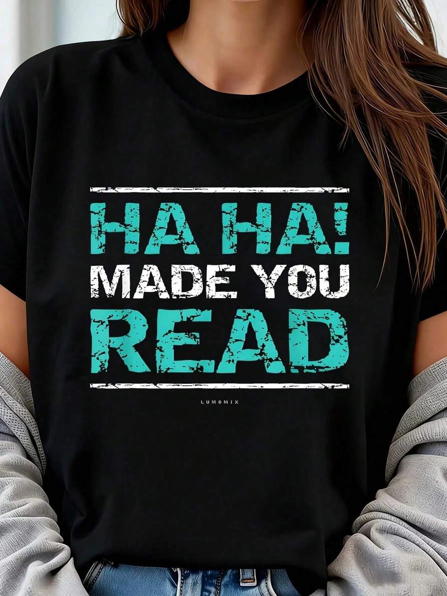 ¡Maestro gracioso, ja, ja! Made You Read Gift 1 Pieza Camiseta de Talla Grande para Mujer, Oversize, con Estampado Gráfico, Manga Corta, 220g, Novedosa, 100% Poliéster, Casual, Cuello Redond - Negro - Ver 1