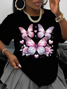 Camiseta Blanca de Mujer con Estampado de Mariposas, Diseño Floral con Mariposas Rosas y Moradas, Motivo de Corazón, Top Casual de Verano para Uso Diario, Regalo para el Día de San Valentín, - Negro - Ver 1