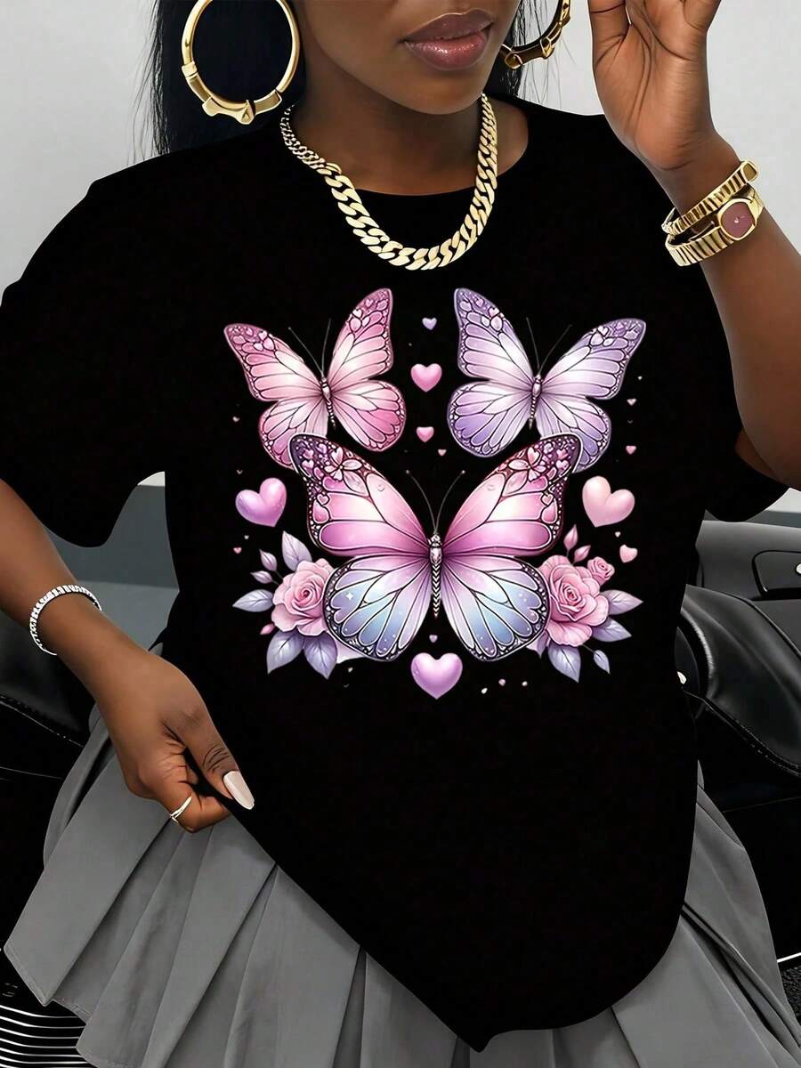 Camiseta Blanca de Mujer con Estampado de Mariposas, Diseño Floral con Mariposas Rosas y Moradas, Motivo de Corazón, Top Casual de Verano para Uso Diario, Regalo para el Día de San Valentín, - Negro - Ver 1