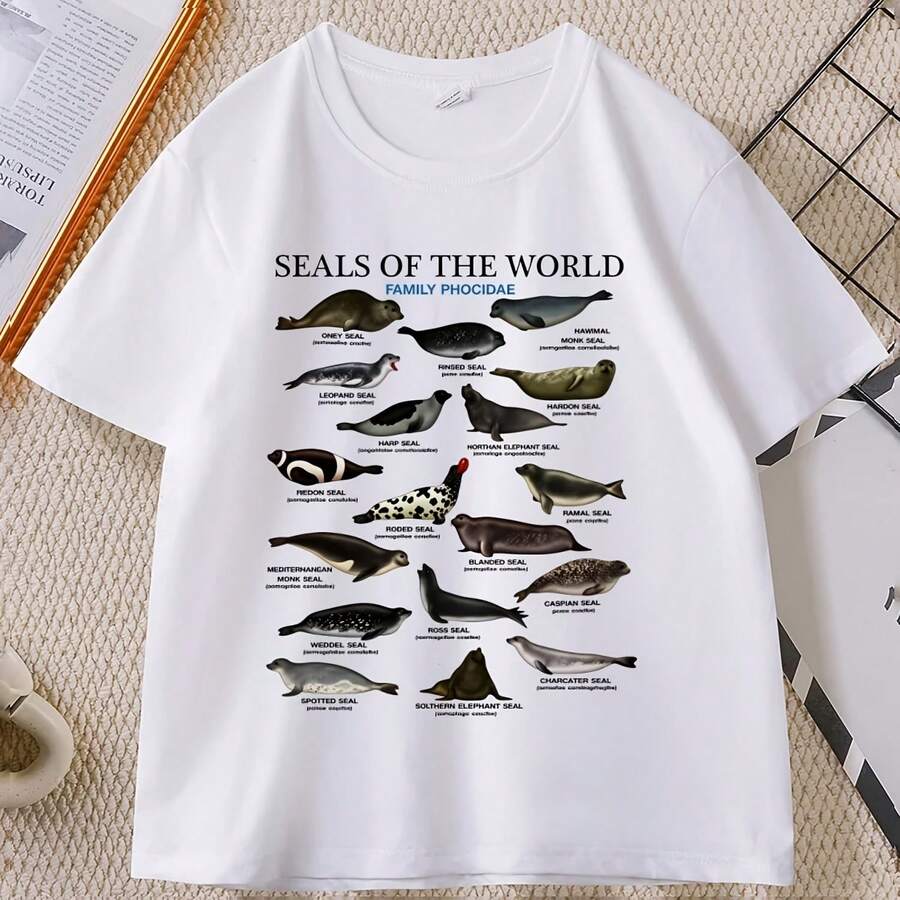 Seal Y2k Seals Of The World T-Shirt, 90s Retro T-Shirt, Crew Neck Animal Print T-Shirt, Loose-Fitting Cotton Casual Short-Sleeved Print - 彩色 - 查看 1