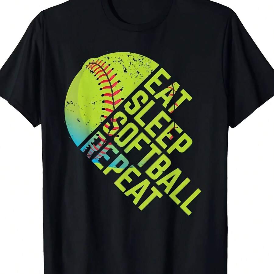 Men's And Women's Cotton Graphic T-Shirt With 'Eat Sleep Softball Repeat' Softball Print, Oversized Streetwear Style, Ideal For Summer And Spring, Gifts, Loose Fit And Info - 彩色 - 查看 1