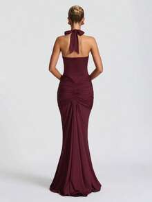 Vestido largo plisado cuello V profundo espalda descubierta ajustado sexy estilo europeo moda verano - Burdeos - Ver 3