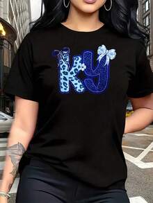 Camiseta de Mujer Talla Grande con Estampado de Leopardo Azul y Lazo, Patrón de Letras KY, Divertida, Gráfica, de Manga Corta, Novedosa, 100% Algodón, Cuello Redondo Casual, 220g - Negro - Ver 1