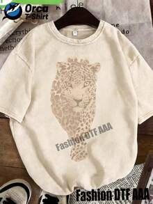 hombres y mujeresCamiseta de mujer 100% algodón, con estampado de cabeza de leopardo, lavada al estilo vintage - 230 gramos de grosor, cuello redondo, mangas cortas, estilo callejero vintage - Negro - Ver 6