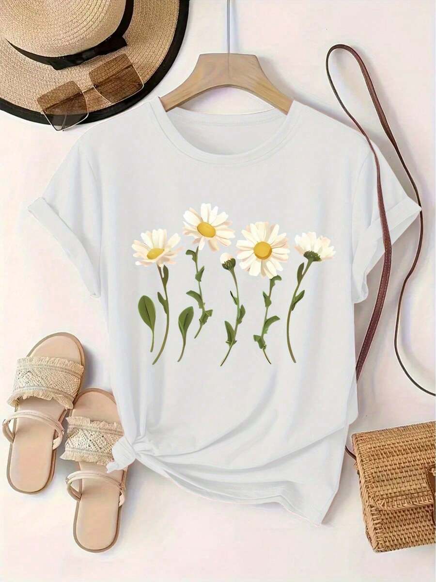 Women's Casual Short-Sleeved T-Shirt With Vintage Print, Made Of Soft Pure Cotton Fabric, Ideal For Everyday Outfits. - 白色 - 查看 1