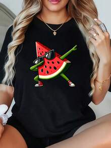 1 Pieza Camiseta de Mujer Talla Grande con Estampado Gráfico de Sandía y Gafas de Sol, Manga Corta, 220g, Novedosa, 100% Poliéster, Cuello Redondo Casual - Negro - Ver 1