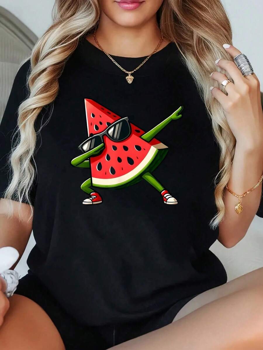 1 Pieza Camiseta de Mujer Talla Grande con Estampado Gráfico de Sandía y Gafas de Sol, Manga Corta, 220g, Novedosa, 100% Poliéster, Cuello Redondo Casual - Negro - Ver 1
