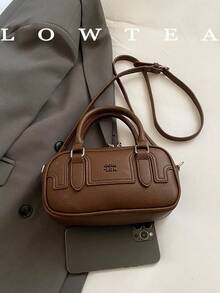 Low Tea 1pc Solid Color PU Fabric Handbag Women's Vintage Fashion Bowling Bag Top Double Handle Design Zipper Closure Detachable Adjustable Shoulder Strap For Shoulder And Crossbody Use Suitable For Travel, Shopping, Dating, Women's Gift (Sold With Pendant, See Size Chart For Display) - Brown - View 4
