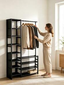 Multi-Functional Hanger With Divided Storage Areas To Save Space. Featuring A Hollow-Out Black Design And Open Storage, It Combines Storage And Hanging Functions, Suitable For Various Scenarios. - Random Color - View 3