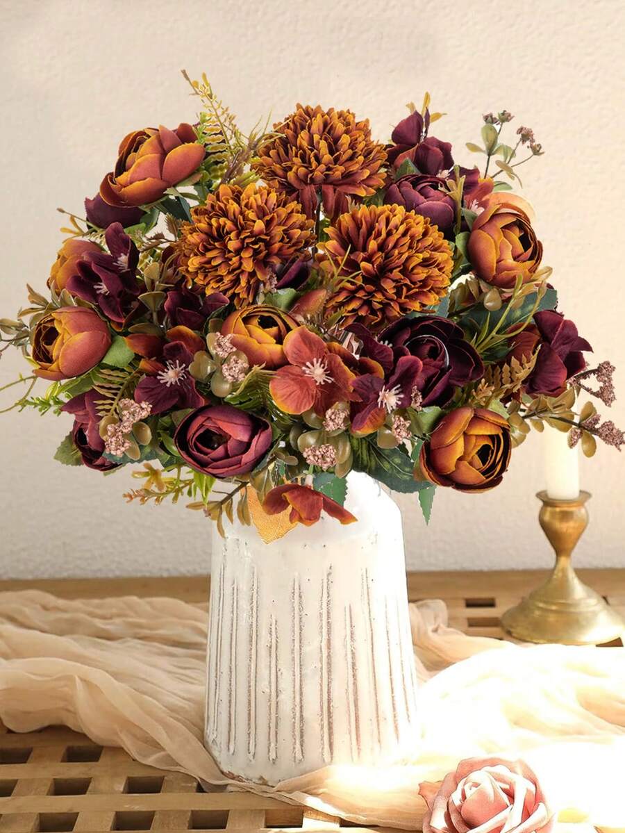 1/3pcs Artificial Chrysanthemum Ball, Rose Bouquet, Suitable For Bedroom, Kitchen Decoration, Back To School Decoration, Autumn Decoration, Indoor/Outdoor Decoration, Tabletop Decoration, Wedding Decoration, Artificial Plants, Gift For Women - Orange - View 1