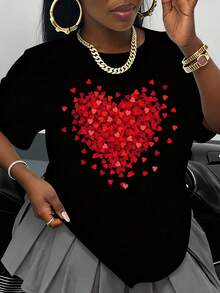 Women's White T-Shirt With Red Heart Print, Casual Loose Fit, Valentine's Day Gift, Summer Fashion Top, Streetwear Style - 黑色 - 查看 1