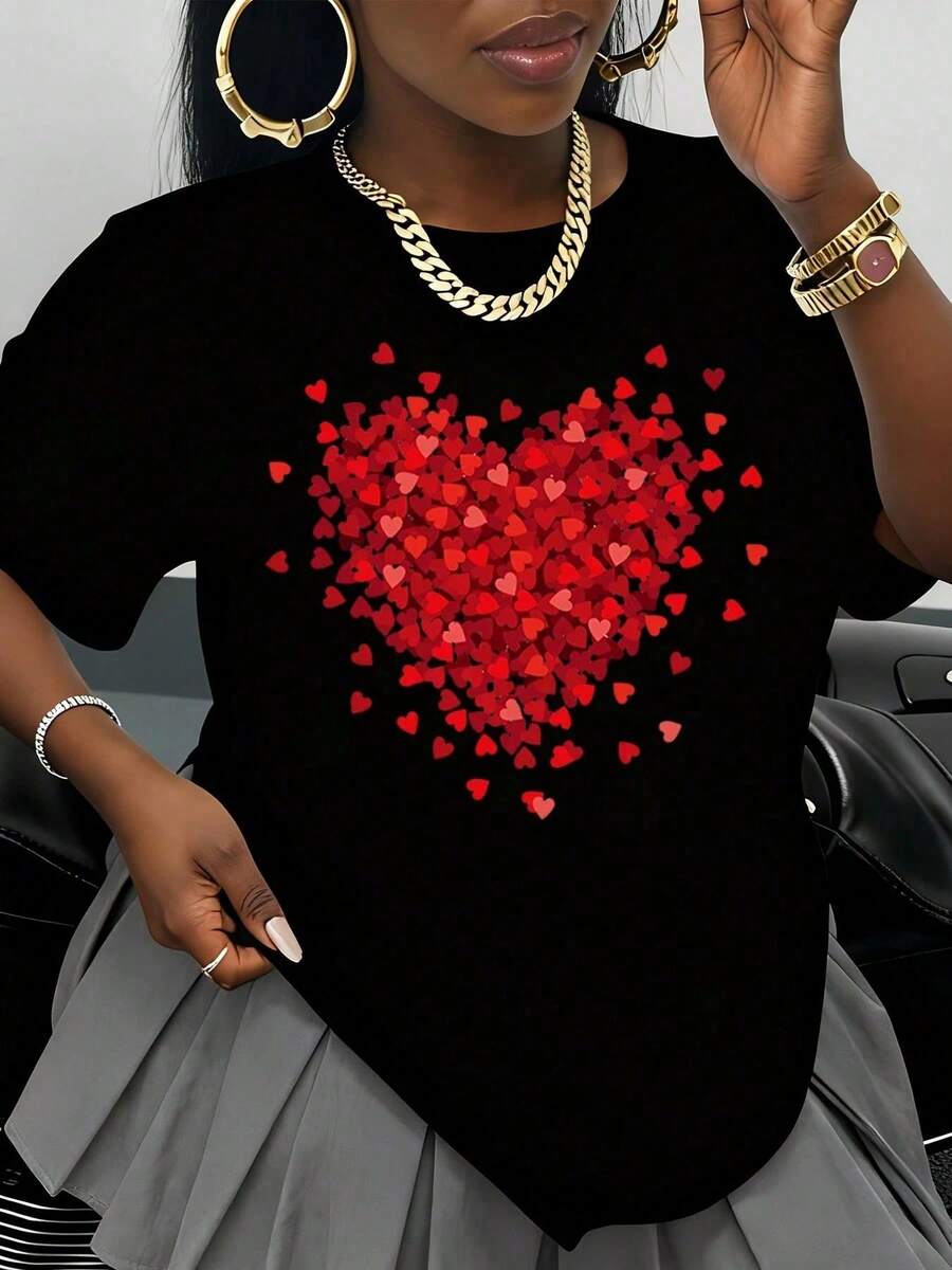 Women's White T-Shirt With Red Heart Print, Casual Loose Fit, Valentine's Day Gift, Summer Fashion Top, Streetwear Style - 黑色 - 查看 1