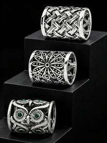 SHEEGIOR 3pcs/Set Vintage Hollow Cross Grid Chrysanthemum Owl Floral Design Scarf Buckle Clothing Veil Headscarf Ring Button Decoration - Ancient Silver - View 13