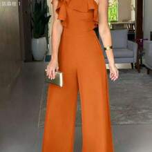 jianchaimaoyi02 Mono casual sin mangas con volantes de unicolor para mujer, elegante negro de verano - Naranja Quemada - Ver 1