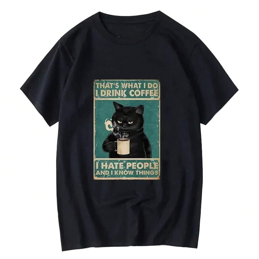 Camiseta con estampado de gato divertido para mujer, camiseta holgada informal de verano con cuello redondo para mujer, camisetas gráficas Y2K - Multicolor - Ver 1