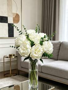 Ramo de 4 piezas de peonías blancas con 7 hojas de eucalipto, adecuado para decoración del hogar, decoración de la habitación, decoración del dormitorio, decoración de boda, ramo de novia, celebración del Día de San Valentín, etc. - Multicolor - Ver 4