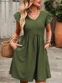 REFRESH YOUR WARDROBE NOW! French-Style Day Dress, V-Neck, Short Sleeves With Romantic Ruffles, Wide And Flowing Skirt, The Essence Of Country Chic For Walks In The Sun - Army Green - View 4