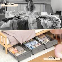2pcs Under Bed Storage Organizer Metal Underbed Bins With Wheels And Lid Metal Underbed Storage Containers Under Bed Rolling Storage For Clothes, Bedding, Shoes, Blankets, Books, Under-Bed Storage - 1pc Black+1pc Gray - View 11