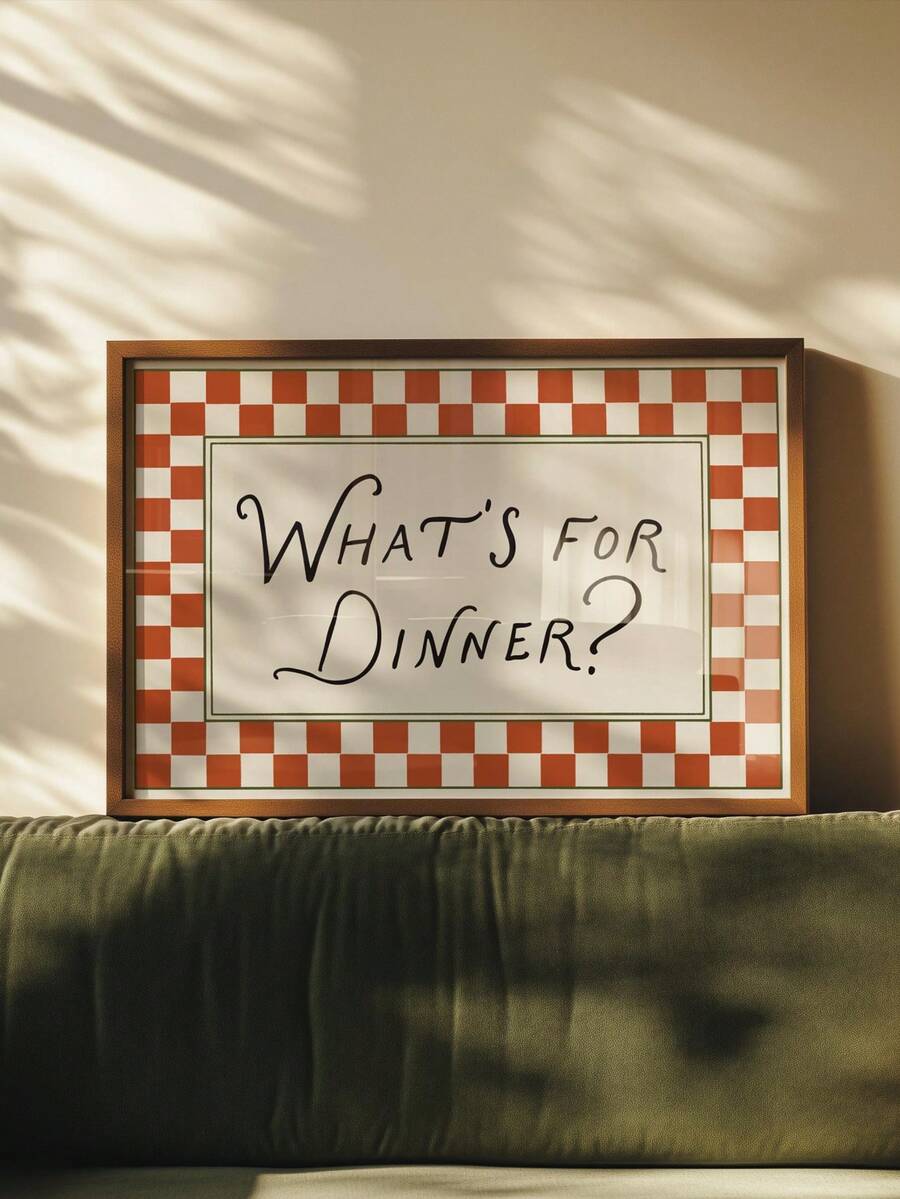 1pc Canvas Wall Art With Frame, "What To Eat Tonight?" Canvas Mural, Vintage Red Plaid Border Kitchen Quote Painting, Retro Cursive Text Art, Stylish Poster For Dining Room And Kitchen, Fun Food Lover Home Decor Gift, Home Decor, Room Decor Aesthetic, Apartment Decor, Bedroom Decor, Living Room Decor, Best Gift For Friends, Housewarming Gift, Mother's Day Decor, Father's Day Poster, Wedding Gift, Campus Poster - Text Poster - View 1