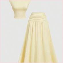 MOD Conjunto de 2 piezas color amarillo claro: Top de cuello alto y falda ajustada - Amarillo - Ver 1