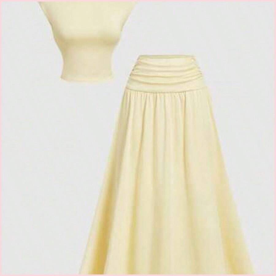MOD Conjunto de 2 piezas color amarillo claro: Top de cuello alto y falda ajustada - Amarillo - Ver 1