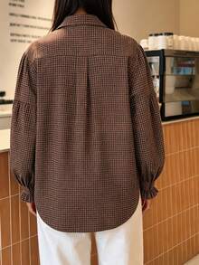 Women's Brown Plaid Button Loose Shirt, Ruffle Cuff Sleeve Blouse, Suitable For Office, Vacation, Daily Wear, Spring, Autumn, Winter - Coffee Brown - View 4
