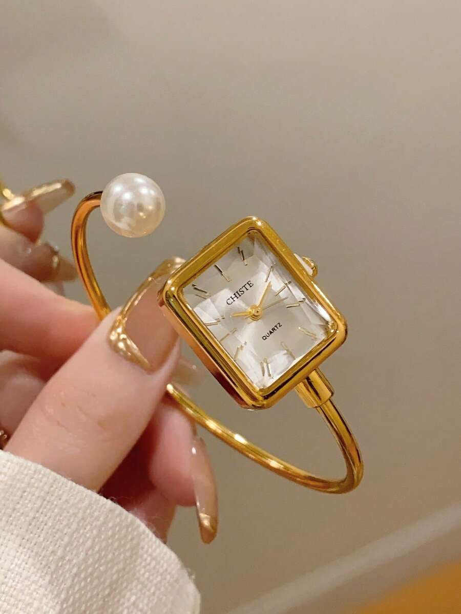 1件女款橢圓形銀色黑色方形金屬面盤石英休閒手錶,適合日常配戴 - 白色 - 查看 1