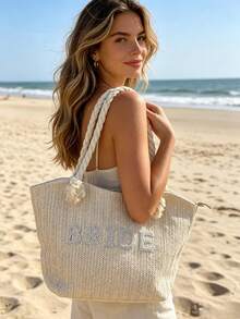 1 pieza Elegante bolso tote de novia tejido en beige, bolso de hombro de moda, suministros para boda y fiesta de novia, bolso de mano de playa de verano, regalo ideal para la novia y la futura novia, mezcla de poliéster, adecuado para fiestas y uso personal - Paquete de novia - Ver 1